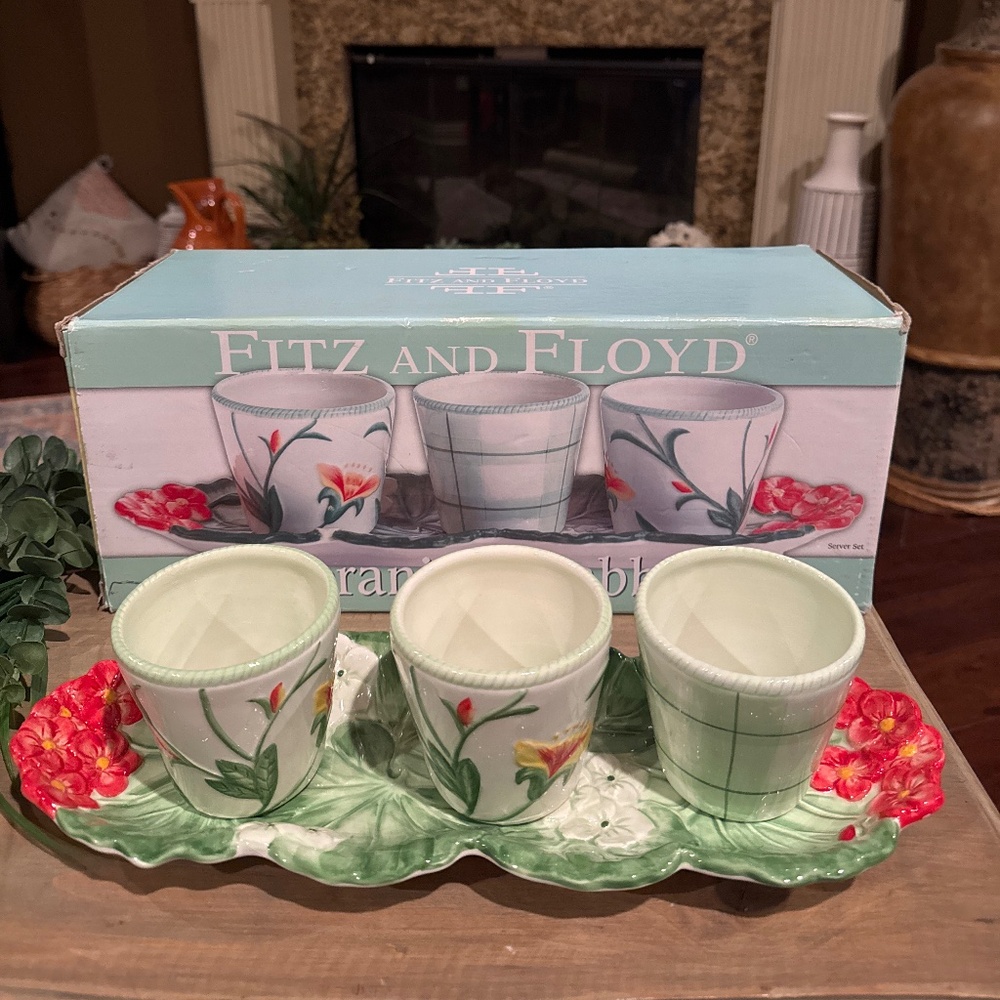 Fitz And Floyd Geranium Rabbit Serving Planters & Tray Snacks Succulents NEW box